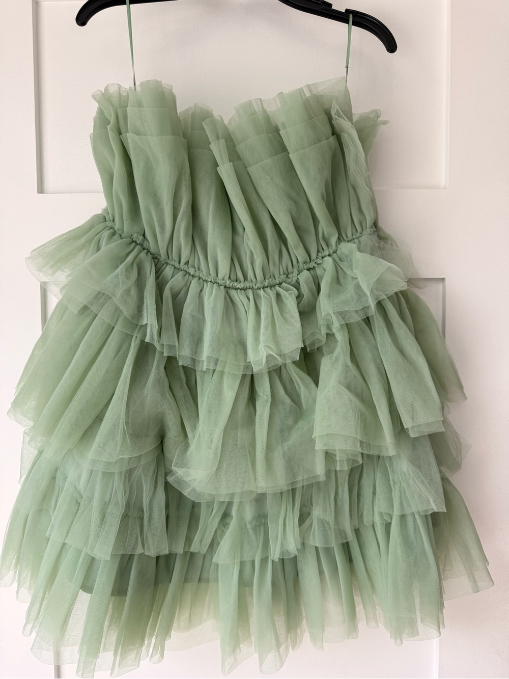 Altar'd State Strapless Layered Tulle Dress in Sage Green